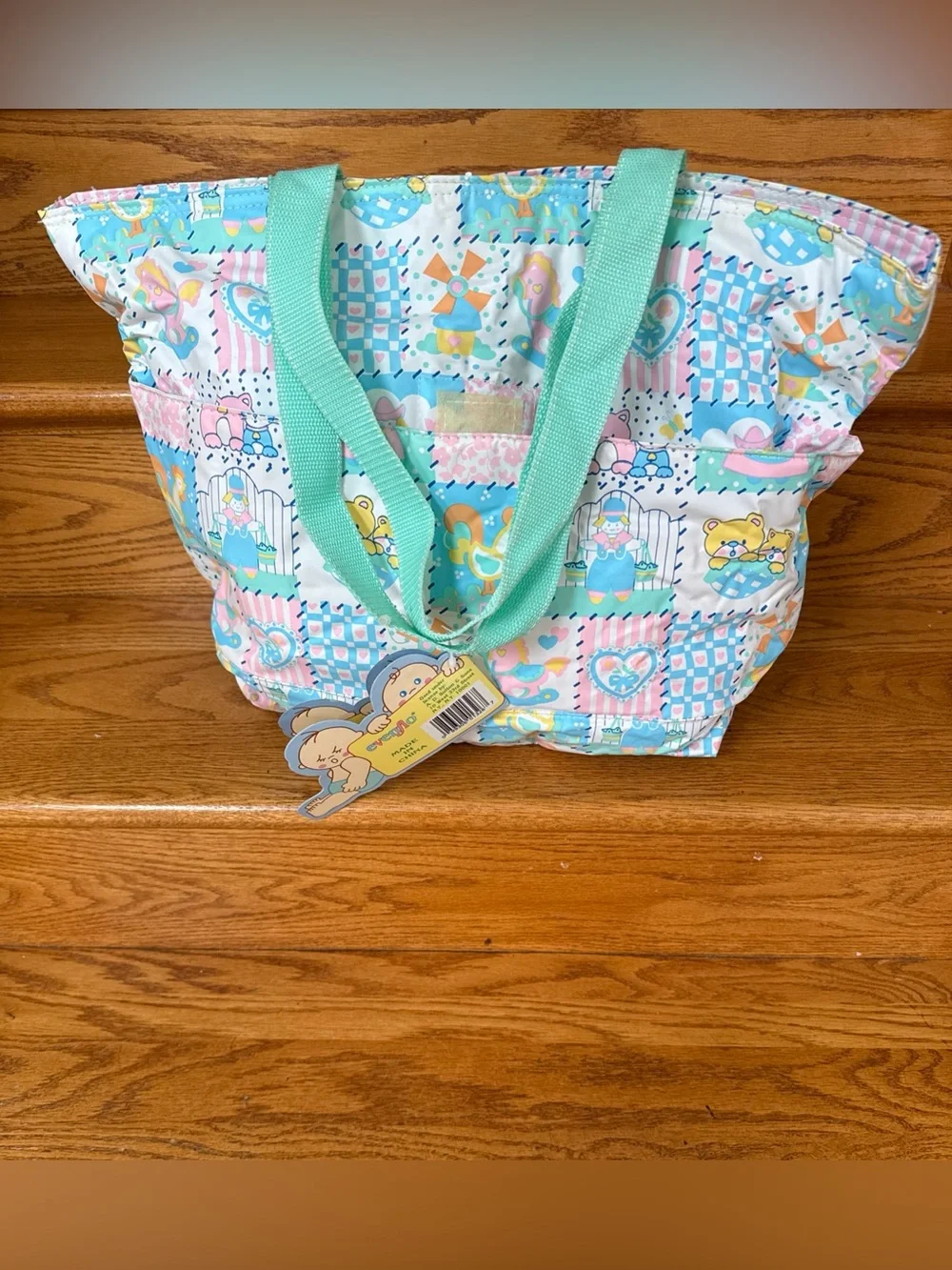 Vintage Pastel Patchwork Printed diaper Bag with Mint Handles